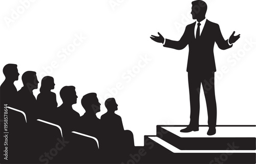 Speaker addressing audience from stage, presentation, conference, leadership, communication, audience member