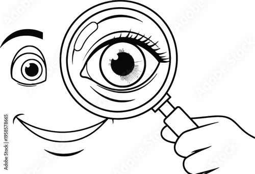 Magnifying glass, cartoon face, eye examination, inspection icon, vector illustration