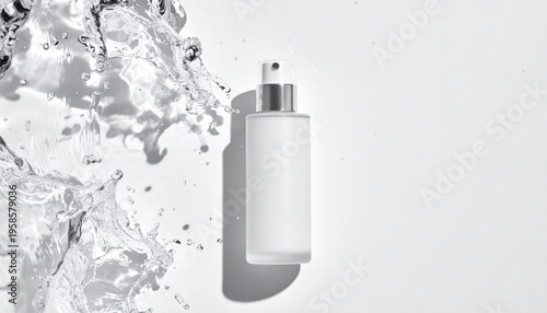 A sleek cosmetic bottle with refreshing water splashes. The clear water creates dynamic movement, embodying freshness and purity