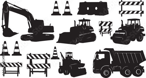 Construction vehicles and equipment in black silhouette style icons