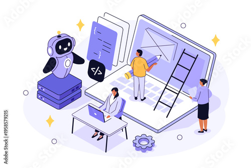 Creative team using ai agent for web design, prototyping, development. Artificial intelligence assisted business. Vector isometric illustration.
