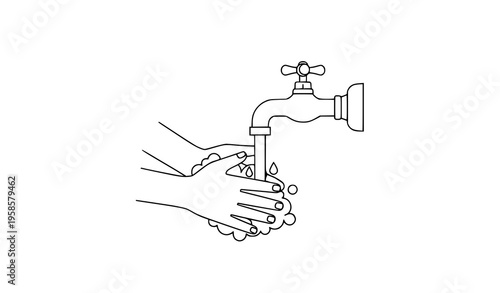 Monoline hand washing under retro faucet black and white outline vector icon