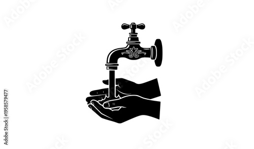 Black silhouette hand washing under antique tap icon isolated on white background
