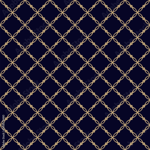 Luxurious golden geometric lattice seamless pattern. Black and gold vector ornamental background with curved lines, floral silhouettes, square grid, mesh. Texture in oriental style. Repeating design
