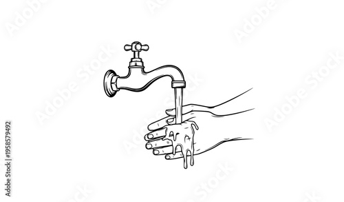 Black and white hand washing under vintage faucet vector illustration for hygiene concept