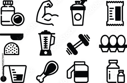 Fitness supplements and nutrition icons, protein, blender, dumbbell, eggs, shaker, healthy lifestyle symbols