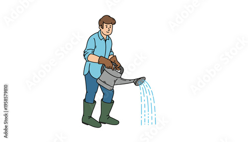 A person waters plants with a watering can in a garden.