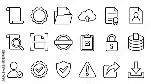 Set of 18 Document and Data Line Icons Vector