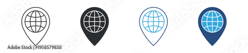 Global location and navigation icon set. World map pin, GPS tracking and international positioning concept. Vector illustration.