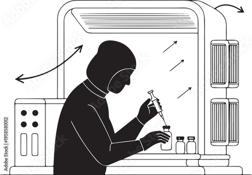 Pharmaceutical technician filling syringe sterile hood