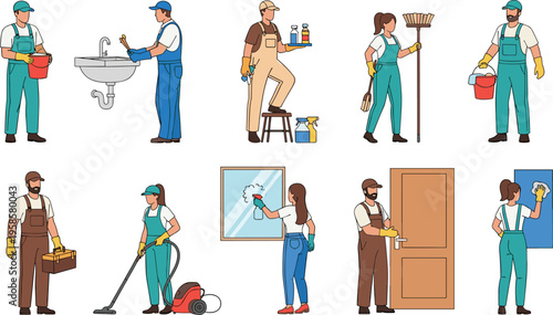 Cleaning and Maintenance Workers Set with Tools Mopping Repair and Washing Tasks, Cartoon Service Collection for Housekeeping, Janitor, and Facility Illustration Design