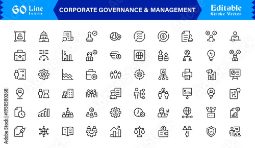 Corporate Governance And Management Line Icon Set – Professional Minimal Vector Icons With Modern, Clean, And Unique Design For Business, Leadership, Strategy, And Compliance