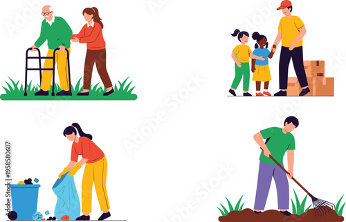Community Help and Volunteer Activities Set with Cleaning Support and Family Assistance, Cartoon Social Care Collection for Charity, Kindness, and Lifestyle Illustration Design