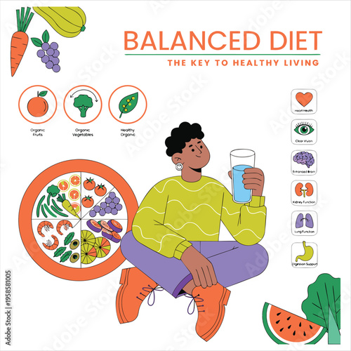 Person enjoying a balanced diet with colorful fruits, vegetables, and seafood illustration.