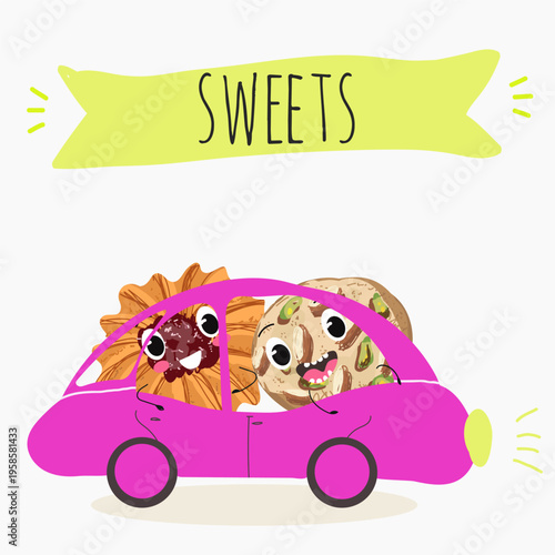 Funny Characters Kurabiye, Kurabie, Ghorayeba, Qurabiya, dessert, hand drawn vector illustration.