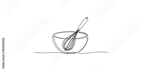 Continuous line drawing of a whisk in a mixing bowl on white background kitchen cooking