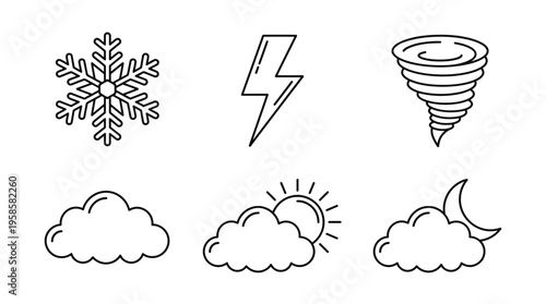Weather icons for various conditions including clouds, sun, moon, snowflake, lightning, tornado