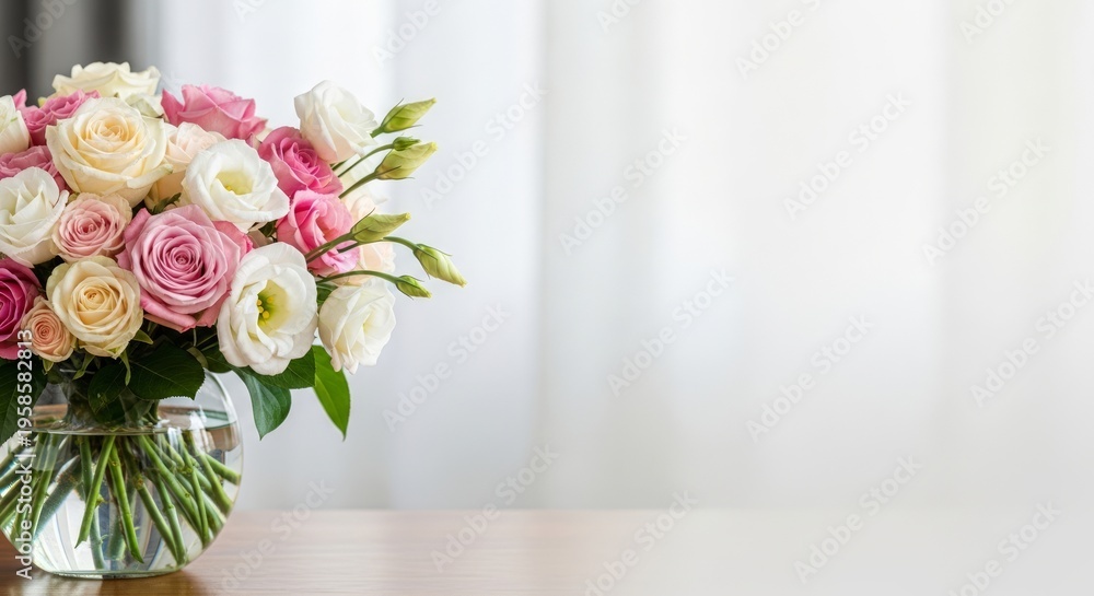 Obraz premium Vase with pink and white roses on table with soft curtains background, copy space 