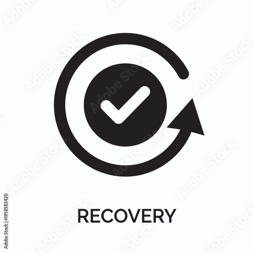 Vector graphic illustration of a recovery symbol with a checkmark and arrow in a circular design, representing business continuity and data recovery processes in a modern workspace.