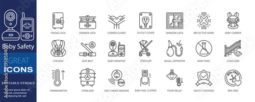 Set of icons for baby safety. Editable stroke. Vector illustration	