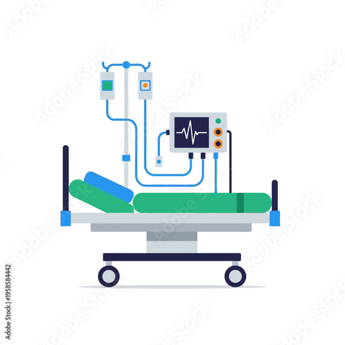 Hospital Bed with Medical Equipment and IV Drip.