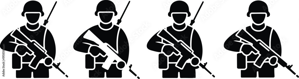 Naklejka premium A set of four distinct black soldier icons featuring frontal views of figures holding rifles and wearing helmets