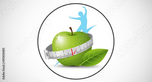 Healthy lifestyle concept with green apple and measuring tape symbolizing weight loss and fitness with a dancing silhouette