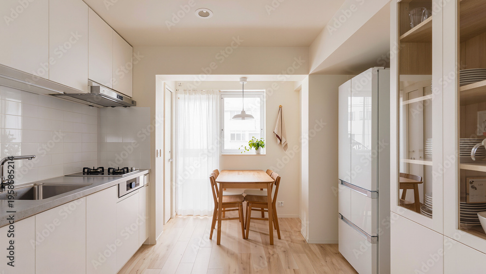 Fototapeta premium Bright Minimalist Kitchen with Dining Nook and Modern Appliances