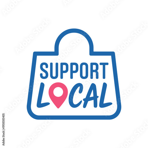 A blue shopping bag graphic with support local and a location pin