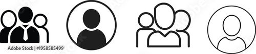 Black silhouette people icons set featuring single user, professional group, outlined community figures, and circular profile symbols for UI, teamwork, and social design concepts