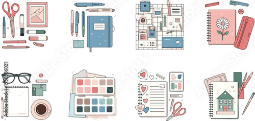 Stationery and Planner Set with Notebooks Pens Scissors and Office Supplies, Cute Organization Collection for Study, Journaling, and Creative Illustration Design
