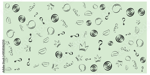 Doodle pattern background with abstract hand drawn icons arrows crowns spirals question marks and speech bubbles seamless style on soft green
