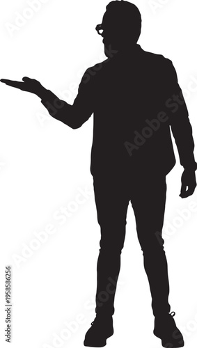 vector,  silhouette of front view of a man holding something imaginary in the palm of his hand