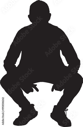 vector, silhouette of front view of a retired man squatting looking at camera on a white background