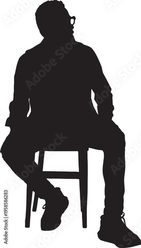 vector, silhouette of  Front view of a modern retired man sitting on chair looking away on white background