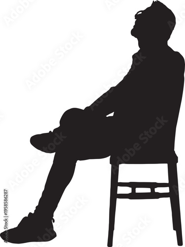 vector,silhouette of side view of a modern retired man sitting on chair cross-legged looking up white backgroundd