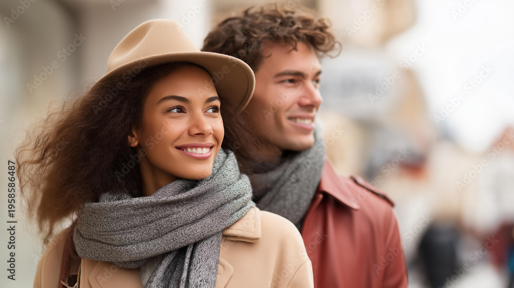 Fototapeta premium Young mixed couple walking and exploring city streets together, diverse relationship and urban lifestyle concept, defocused background, with copy space