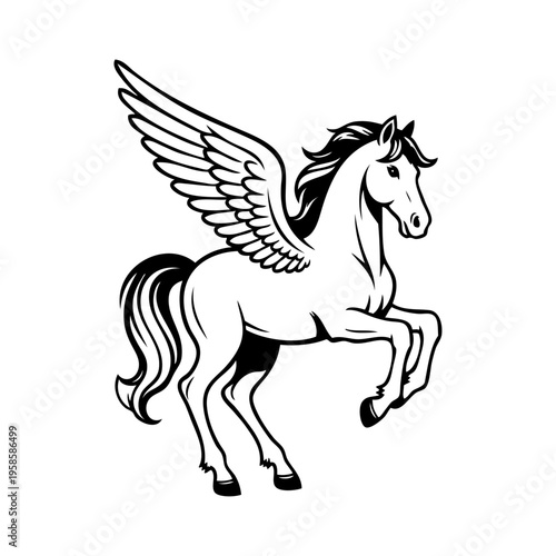 Logotipo con pegaso de la leyenda griega. Dibujo sencillo con líneas de un caballo con alas	