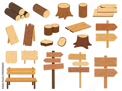 Collection of wooden logs and directional signs on white background