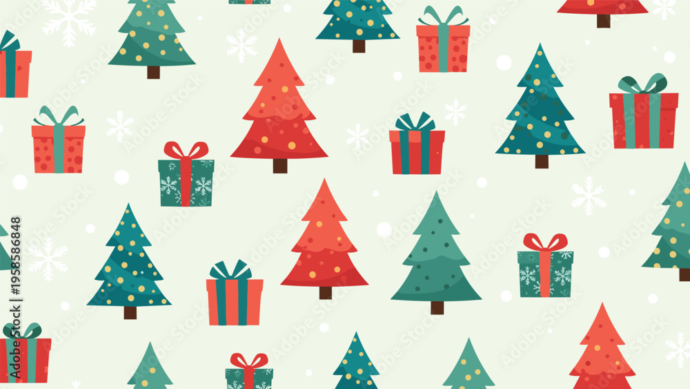 Obraz premium Festive seamless pattern with various red and green Christmas trees and gift boxes on a light background with snowflakes.
