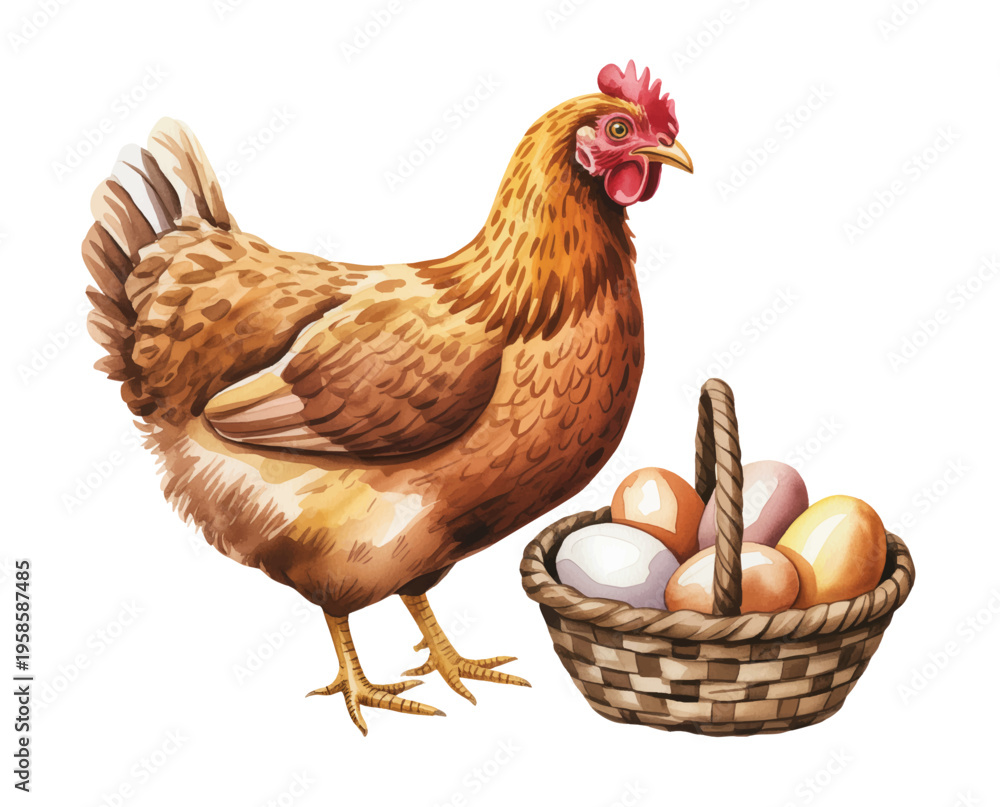 Fototapeta premium Hand painted watercolor chicken collection with hen, eggs, and basket in rustic farm style composition.
