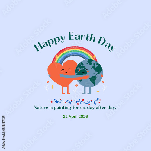 Happy Earth day handdrawn lettering. Green background with plants and leaves.