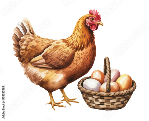 Hand painted watercolor chicken collection with hen, eggs, and basket in rustic farm style composition.