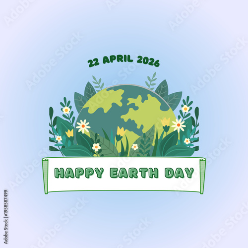 Happy Earth day handdrawn lettering. Green background with plants and leaves.