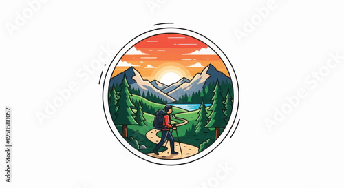 Hiker Walking on Path through Mountains.