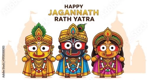 Happy jagannath rath yatra festival celebration with cartoon gods