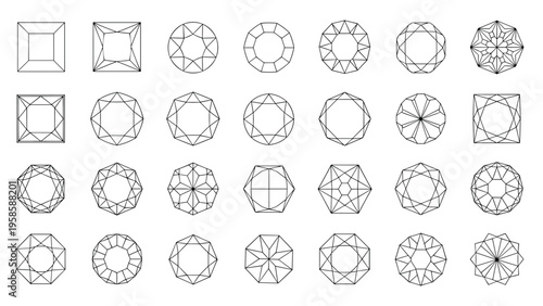 Detailed technical diagrams showing twenty eight different classic and modern gemstone cuts and facet patterns for jewelry design.