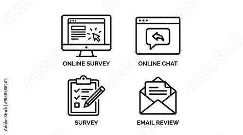 Vector graphic illustration of various customer feedback methods including online survey, online chat, survey, and email review in a simple design