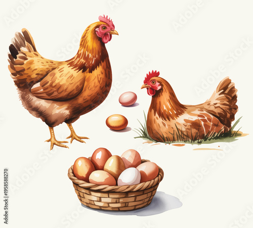 Hand painted watercolor chicken collection with hen, eggs, and basket in rustic farm style composition.