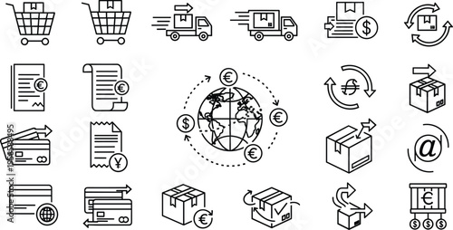 E-commerce and Global Shipping Icons Illustration for Online Shopping, Payment Processing, and Logistics Concepts